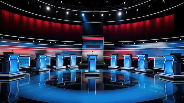 Photo political talk show studio preelection debate stands in tv studio