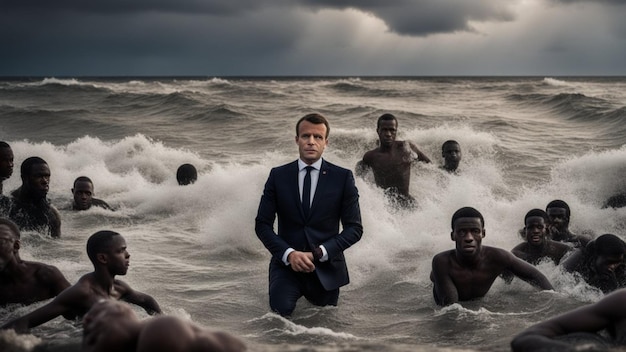 politiciam minister president between african migrants lost in dangerous storm in mediterranean sea