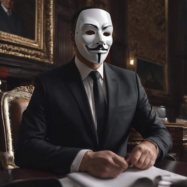 Politician or businessman wearing black suit and hiding white mask