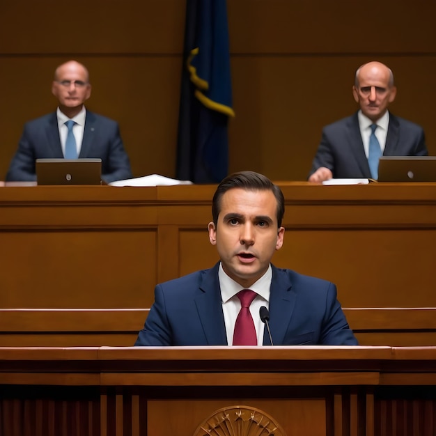 Photo politician delivering a speech at government assembly during evening session