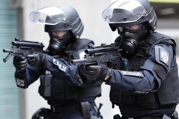 Politie cyborg klaar om te schieten met blacl uniform
