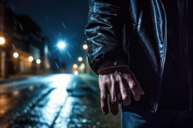 Politie handen en handboeien voor een crimineel in de straat met een agent die's nachts patrouilleert.