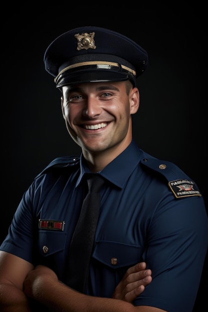 Politieagent glimlacht zeer gedetailleerde studiofoto boven de taille donkerblauwe achtergrond