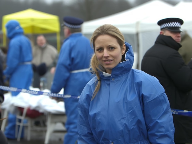 Foto politieagente onderzoekt zorgvuldig de plaats delict op mogelijk bewijsmateriaal