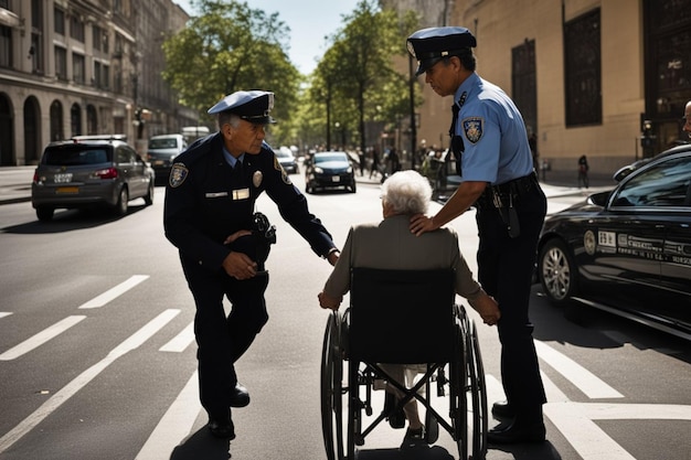 politieagenten en veteranen in het straatbeeld die toezicht houden en anderen helpen