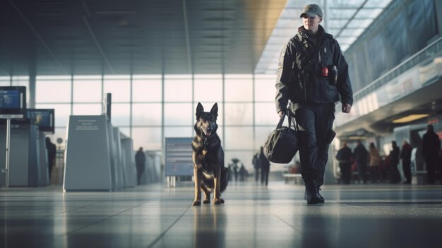 Foto politiehonden voor de beveiliging van luchthavens met politieagenten die op luchthavens honden voor het opsporen van drugs gebruiken