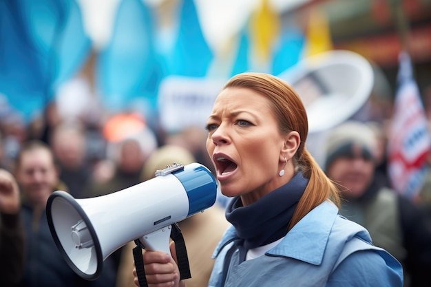 Foto politievrouw met een megafoon die een menigte beheert