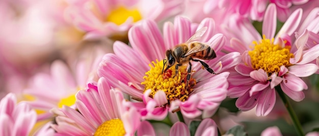 Pollen Collecting The Busy Work of a Bee Among Pink Chrysanthemums