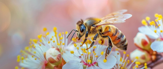 アクションで捕まった授粉蜂の花のマクロ