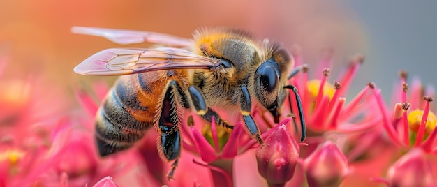 アクションで捕まった授粉蜂の花のマクロ