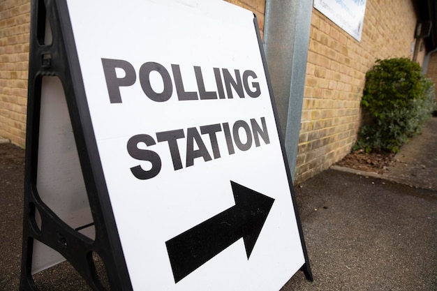 Polling station sign outside the entrance to a political voting location in uk