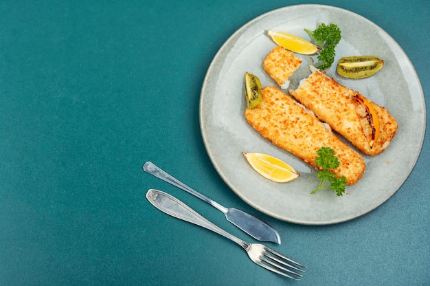 Pollock fillet roasted in bread crumbs and with kiwi Fish in chips Copy space