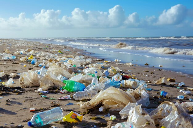 Photo polluted beach next to ocean