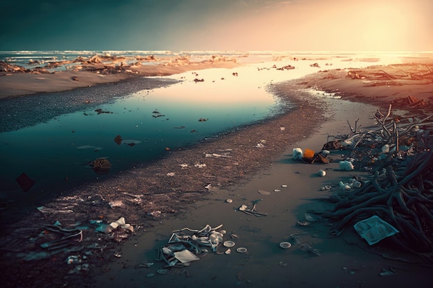 Polluted beach with trash and debris floating in the water