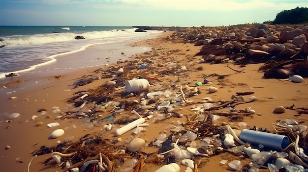 A polluted coastline with trash strewn across the sand and plastic bottles floating in the polluted water