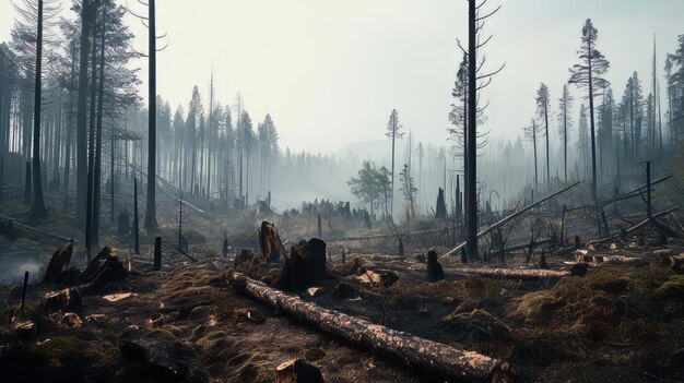 Polluted forest with wilting and damaged trees