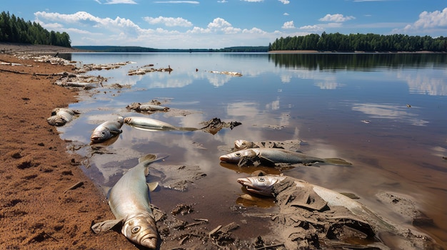 Polluted lake with dead fish washing ashore