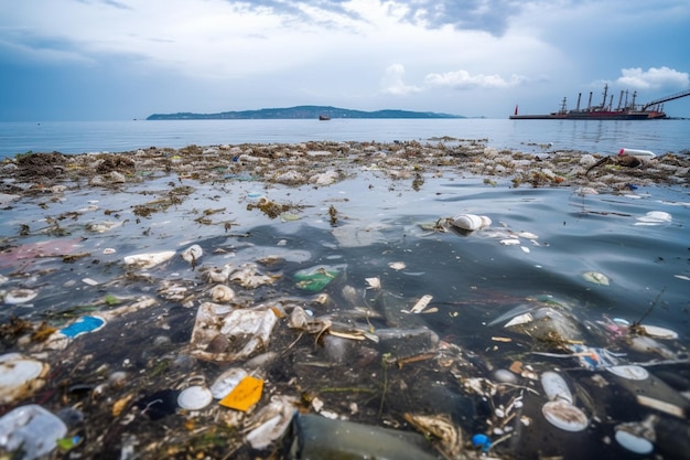 A polluted ocean with a boat in the background.