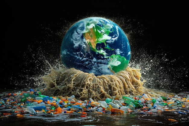 Photo polluted ocean with earth and plastic waste