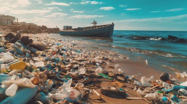 汚染された楽園のアラフェド人のボートがAIによって生成されたプラスチックゴミとゴミの海岸に座礁