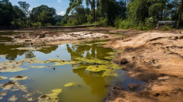 Photo a polluted pond with discolored and stagnant water