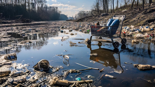 Photo polluted river with abandoned shopping carts