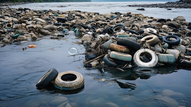 Polluted river with discarded tires