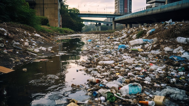 Polluted river with garbage and debris