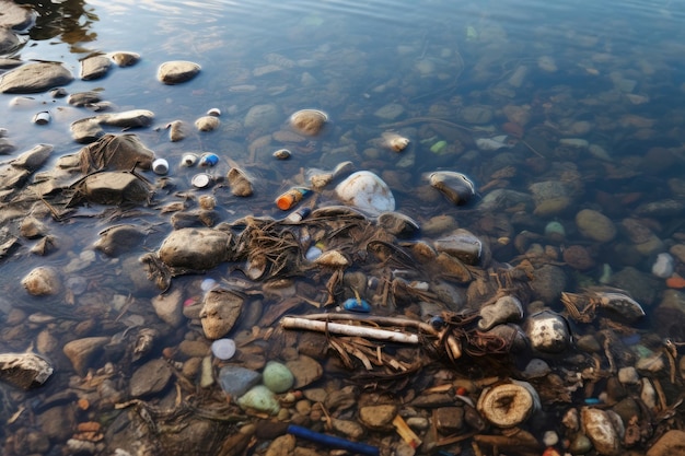 A polluted river with a lot of garbage in it.