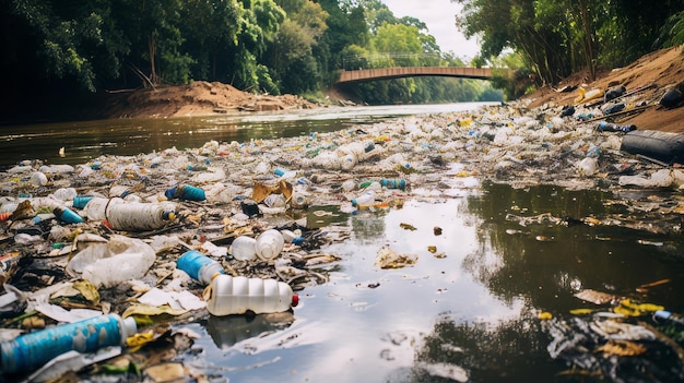 Polluted river with trash and debris floating on the surface