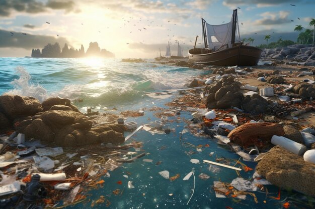 Polluted sea full of trash Generative AI