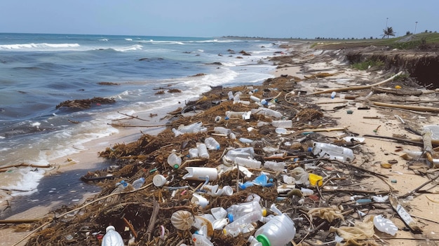 오염된 해안선과 자연 쓰레기 사이에 어져있는 플라스틱 쓰레기는 해변 청소 노력과 지속 가능한 폐기물 관리 관행의 필요성을 강조합니다.