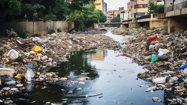 Загрязненная городской рекой с мусором и сточными водами