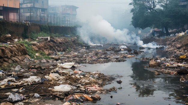 Polluted urban stream with visible pollution