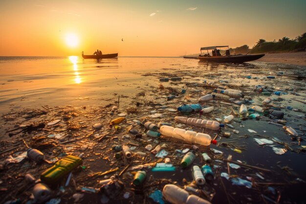 Pollution on a beach with a boat in the background Generative AI