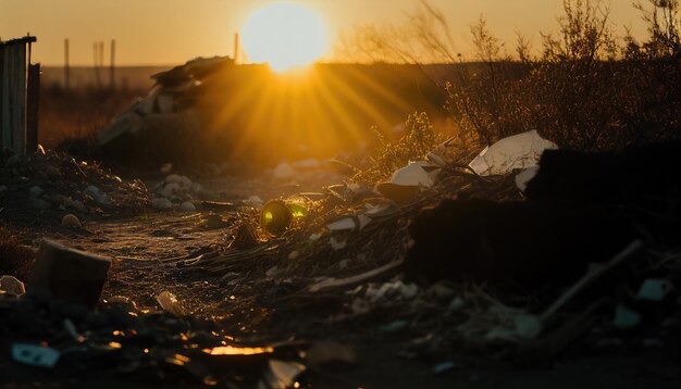 Foto concetto di inquinamento l'ia ha generato un grande mucchio di rifiuti in discarica sullo sfondo del tramonto