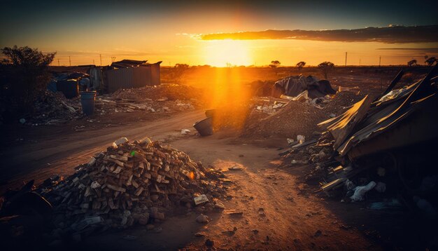 Pollution concept AI generated large garbage dump pile in landfill on sunset background