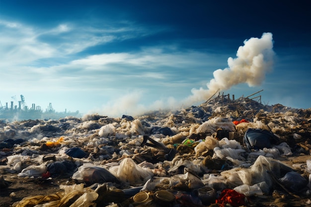 Foto concetto di inquinamento ammucchi di spazzatura rifiuti di discarica avvertimento globale