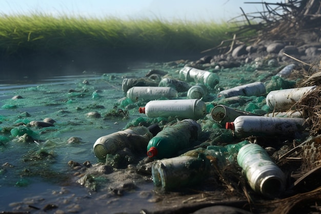 Photo pollution concept of water with garbage