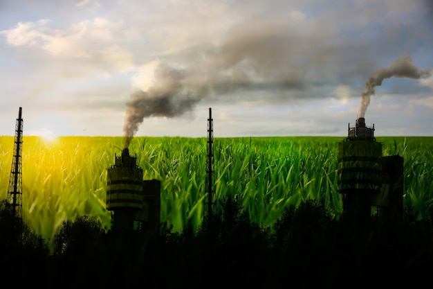 Photo pollution of nature. factories with smog. dangerous smoke in the air. green grass on background.