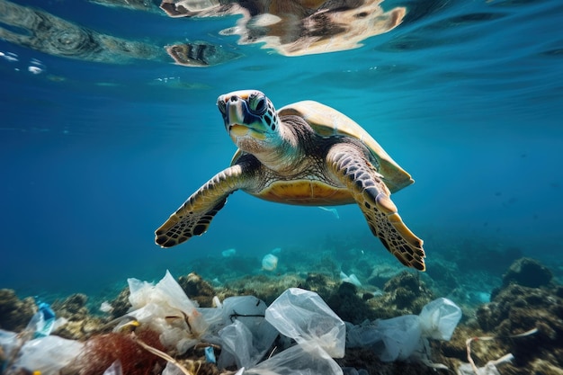 Pollution of the world ocean sea turtle swimming in dirty water