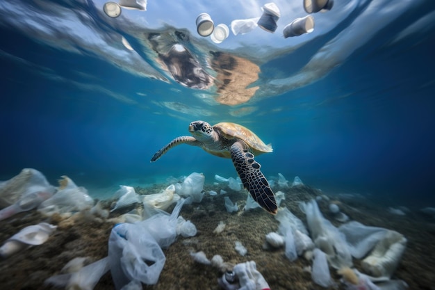 Photo pollution world ocean sea turtle swims water polluted household garbage plastic bags