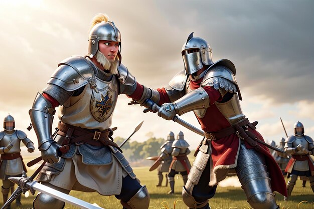 Polnische ridders en Duitse ridders vechten tegen elkaar en botsen met zwaarden op een open veld.