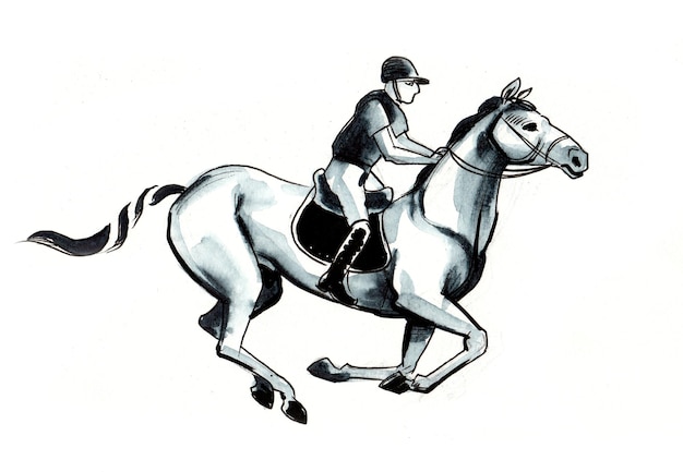 Polo player riding a horse. Ink and watercolor drawing