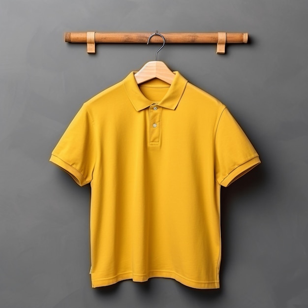 Photo polo shirt mockup yellow male t shirt with short sleeves on wooden hangers