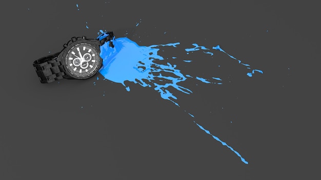 Polshorloge bedekt met blauwe verf in de vorm van een vlek, 3d illustratie