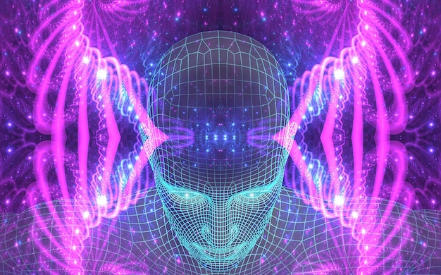 Полтгональная фигура человека на фоне вселенной Мистическое путешествие по вселенной Состояние медитации Сюрреалистичная 3D живопись Трансперсональное искусство