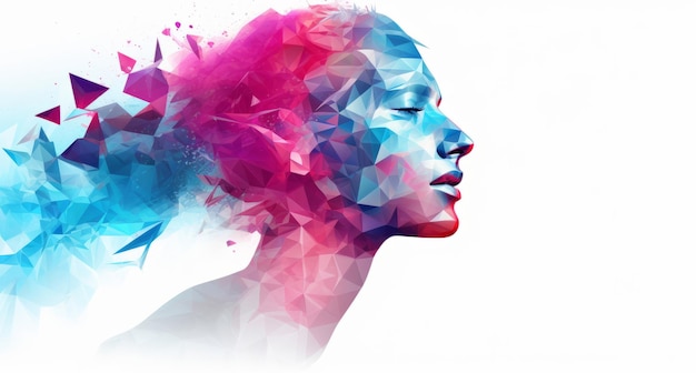 Poly abstract and digital woman face on a white background for design d render or art face plexus