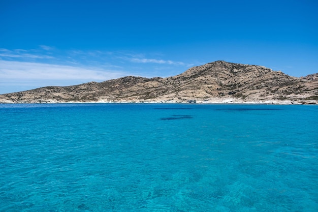 Polyaigos island volcanic beach turquoise sea blue sky Kimolos Cyclades Greece