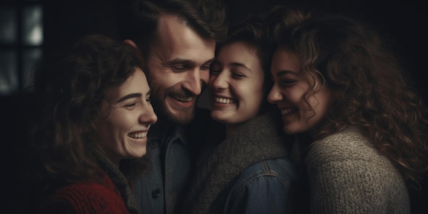 Photo polyamorous love three people smiling together